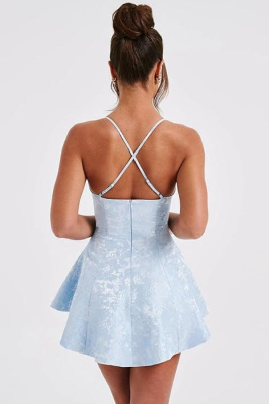 Halter Satin Mini Homecoming Dress Ruffle Floral Jacquard Short Party Dress