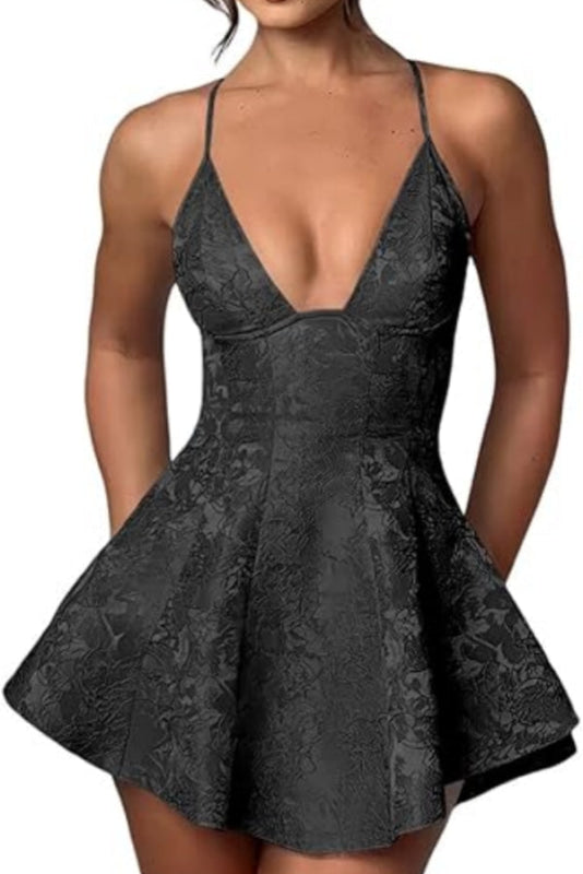 Halter Satin Mini Homecoming Dress Ruffle Floral Jacquard Short Party Dress
