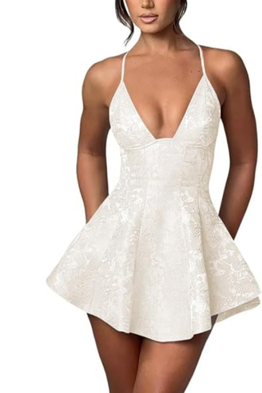 Halter Satin Mini Homecoming Dress Ruffle Floral Jacquard Short Party Dress