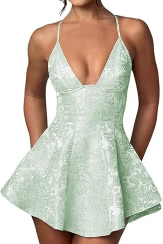 Halter Satin Mini Homecoming Dress Ruffle Floral Jacquard Short Party Dress