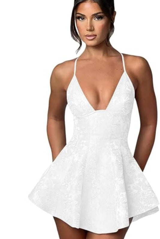 Halter Satin Mini Homecoming Dress Ruffle Floral Jacquard Short Party Dress
