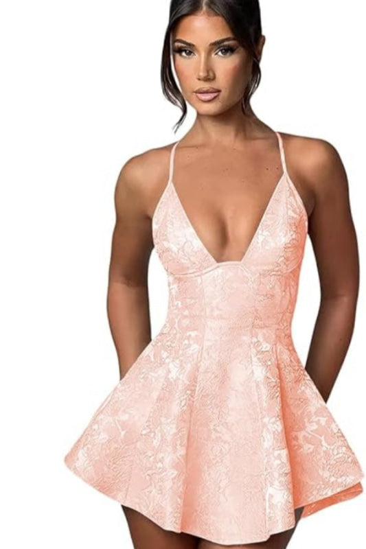 Halter Satin Mini Homecoming Dress Ruffle Floral Jacquard Short Party Dress
