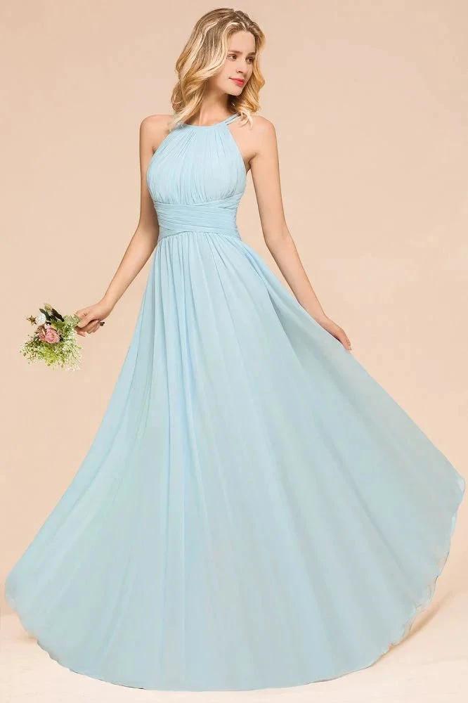 Halter Sky Blue Floor Length Bridesmaid Dress online Sleeveless A-line party Dress (ZD13014)