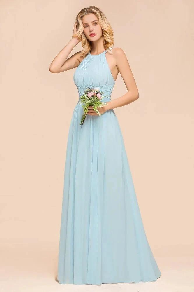 Halter Sky Blue Floor Length Bridesmaid Dress online Sleeveless A-line party Dress (ZD13014)