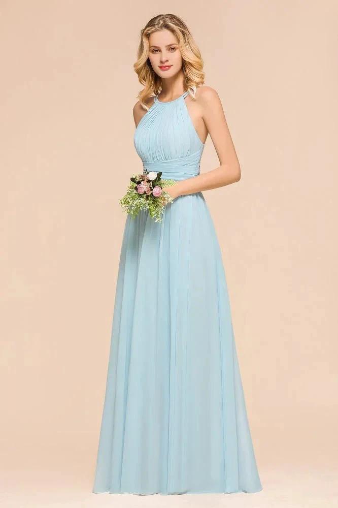 Halter Sky Blue Floor Length Bridesmaid Dress online Sleeveless A-line party Dress (ZD13014)