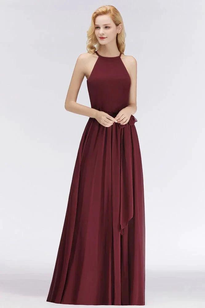 Halter Sleeveless A-line Burgundy Ruffles Chiffon Bridesmaid Dresses (ZD13050)