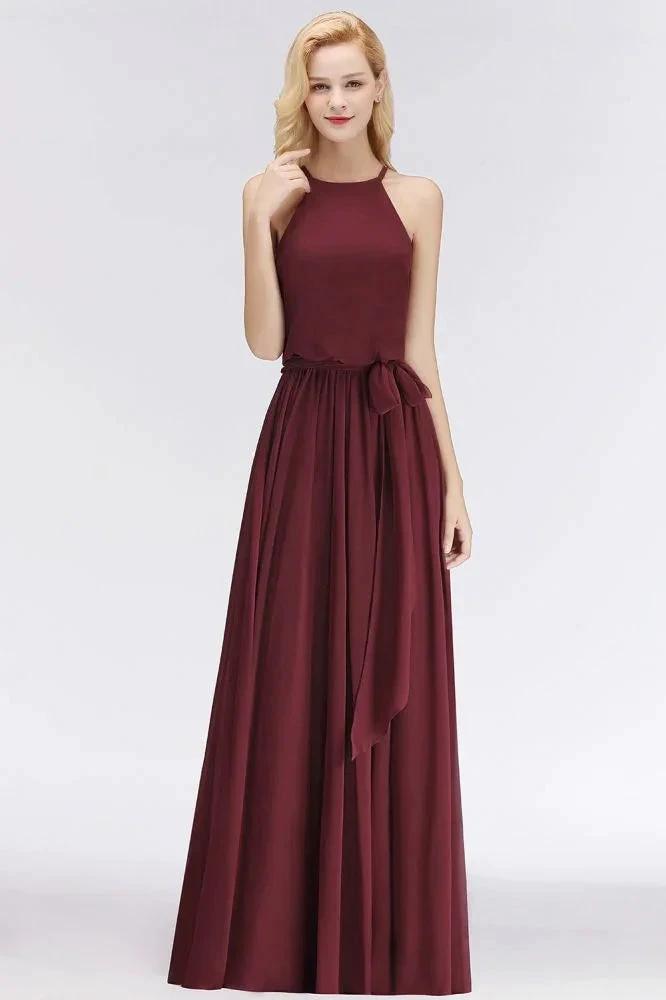 Halter Sleeveless A-line Burgundy Ruffles Chiffon Bridesmaid Dresses (ZD13050)