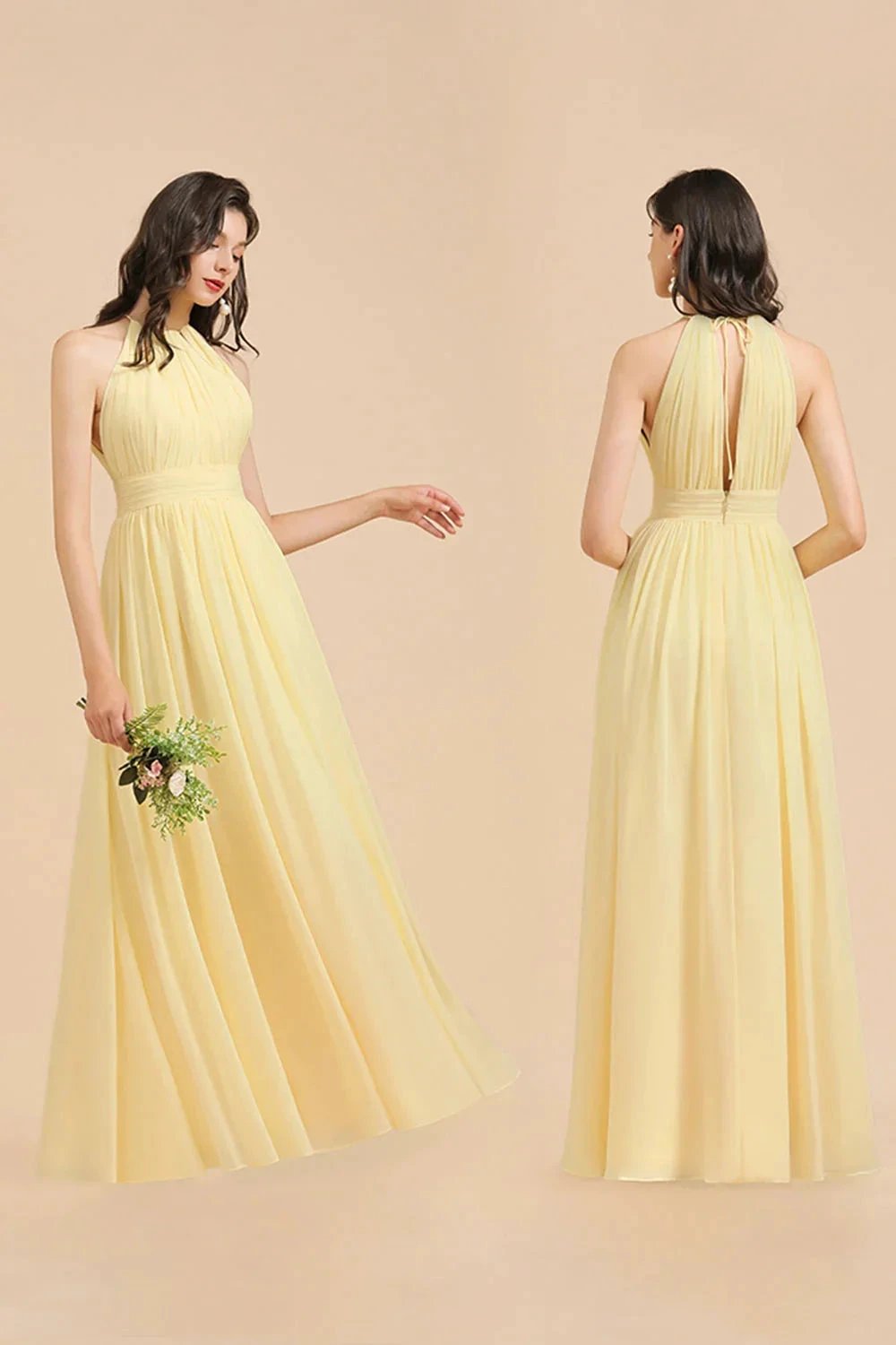 Halter Sleeveless Daffodil Chiffon Bridesmaid Dress with Ruffles (ZD12871)