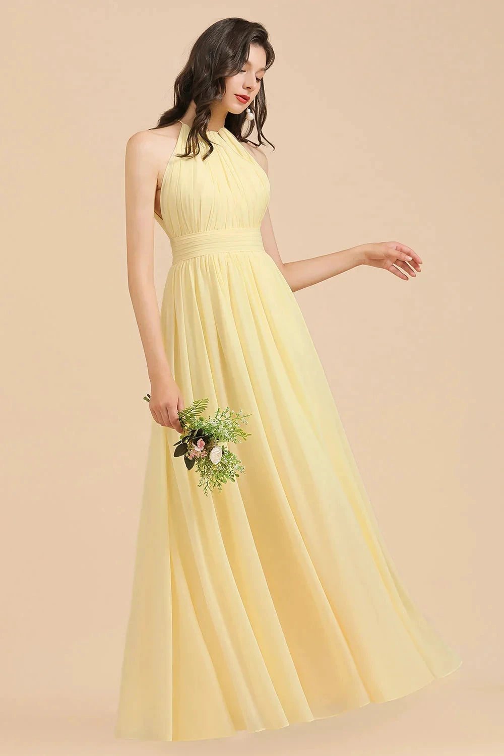 Halter Sleeveless Daffodil Chiffon Bridesmaid Dress with Ruffles (ZD12871)