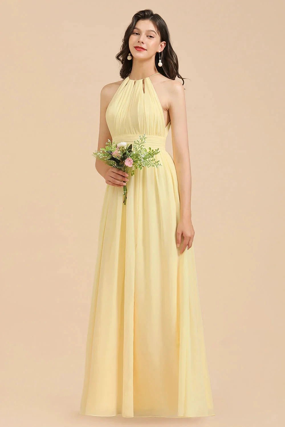 Halter Sleeveless Daffodil Chiffon Bridesmaid Dress with Ruffles (ZD12871)