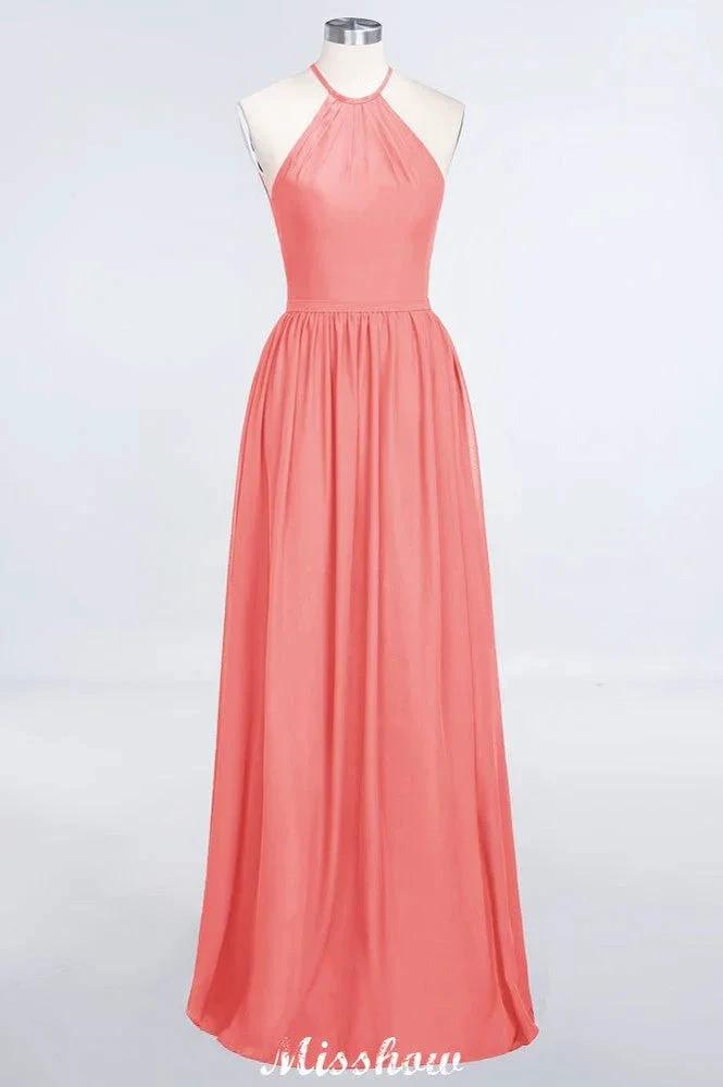 Halter Sleeveless Floor-Length Bridesmaid Dress with Ruffles by misshow.com
