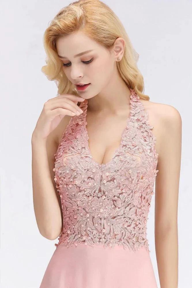 Halter Sleeveless Floral Appliques Evening Party Dress Aline Floor Length Bridesmaid Dress (ZD13031)
