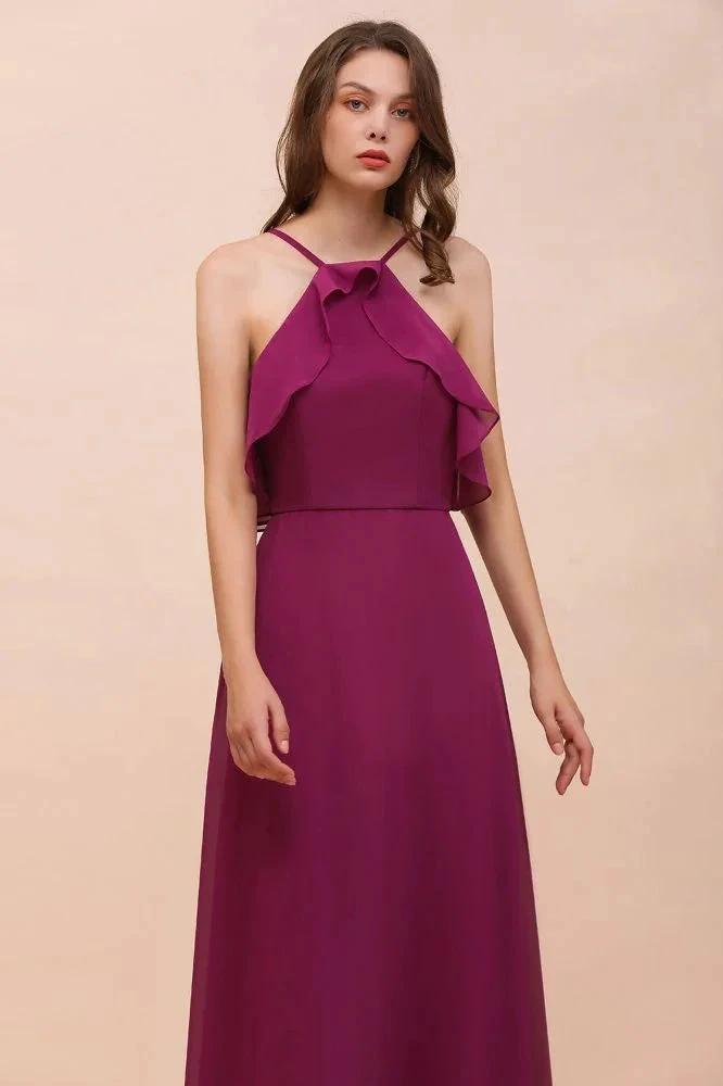 Halter Sleeveless Purple Bridesmaid Dress with Side Pockets (ZD13009)