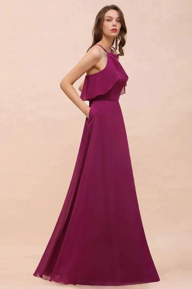Halter Sleeveless Purple Bridesmaid Dress with Side Pockets (ZD13009)