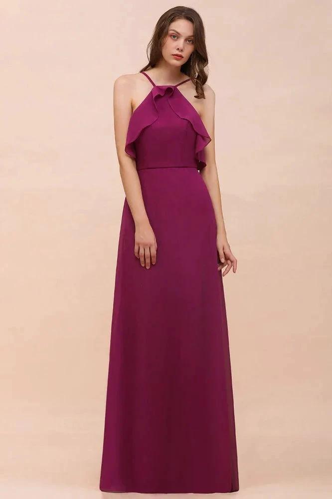 Halter Sleeveless Purple Bridesmaid Dress with Side Pockets by misshow.com
