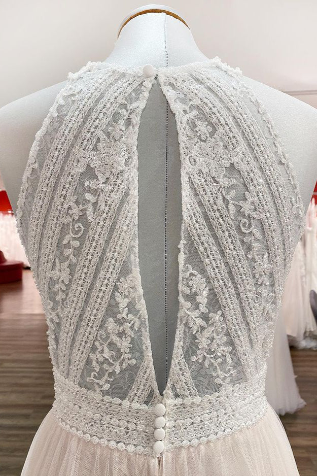 Halter Tulle Ivory Lace Backless Wedding Dresses (ZD17538)