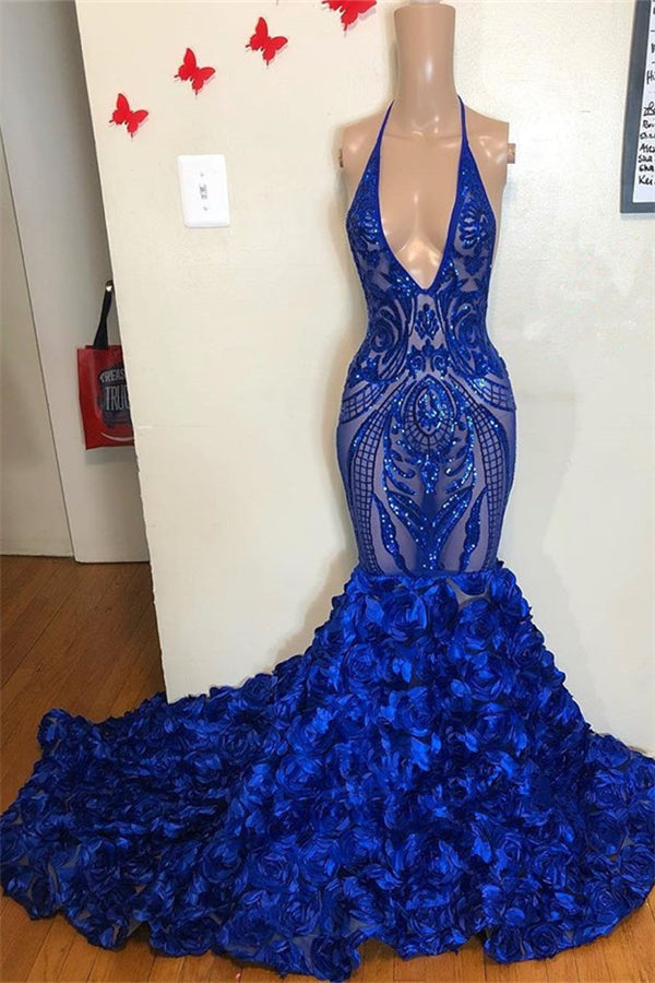 Halter V-Neck Sequins Flower Button Mermaid Prom Dresses
