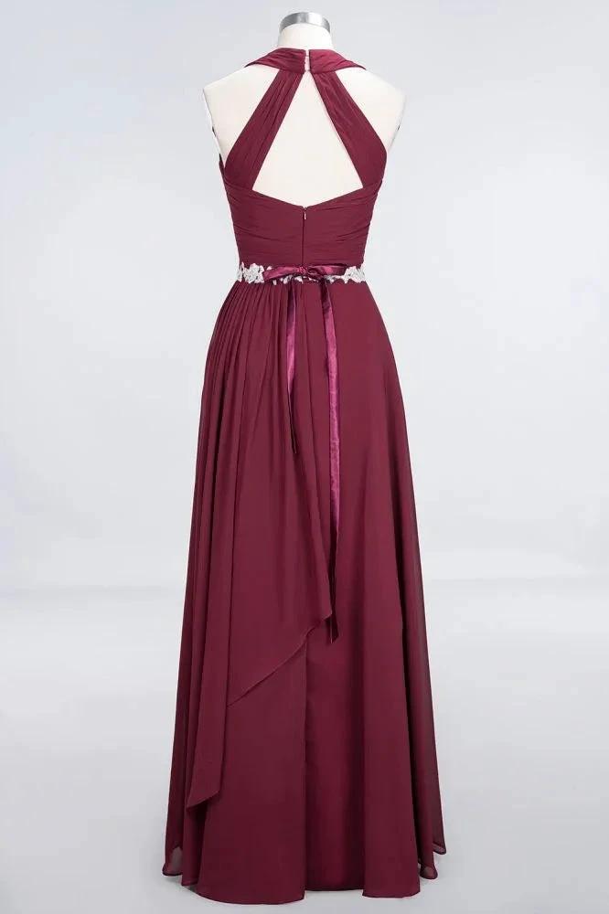 Halter V-Neck Sleeveless Ruffle Bridesmaid Dress with Appliques Sashes Evening Swing Dress (ZD13120)