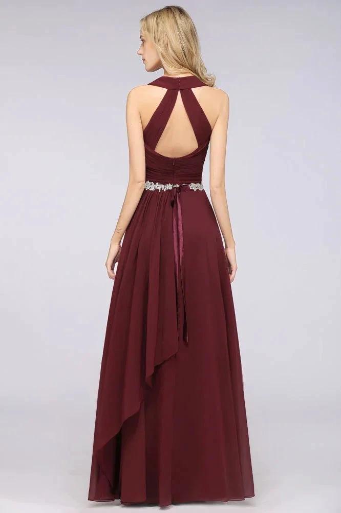 Halter V-Neck Sleeveless Ruffle Bridesmaid Dress with Appliques Sashes Evening Swing Dress (ZD13120)