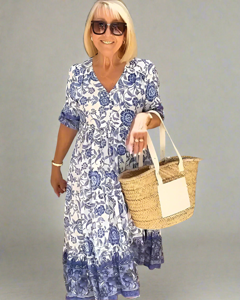 Úrsula Elegant Floral Dress with V-neck for Women Vacation Beach Look