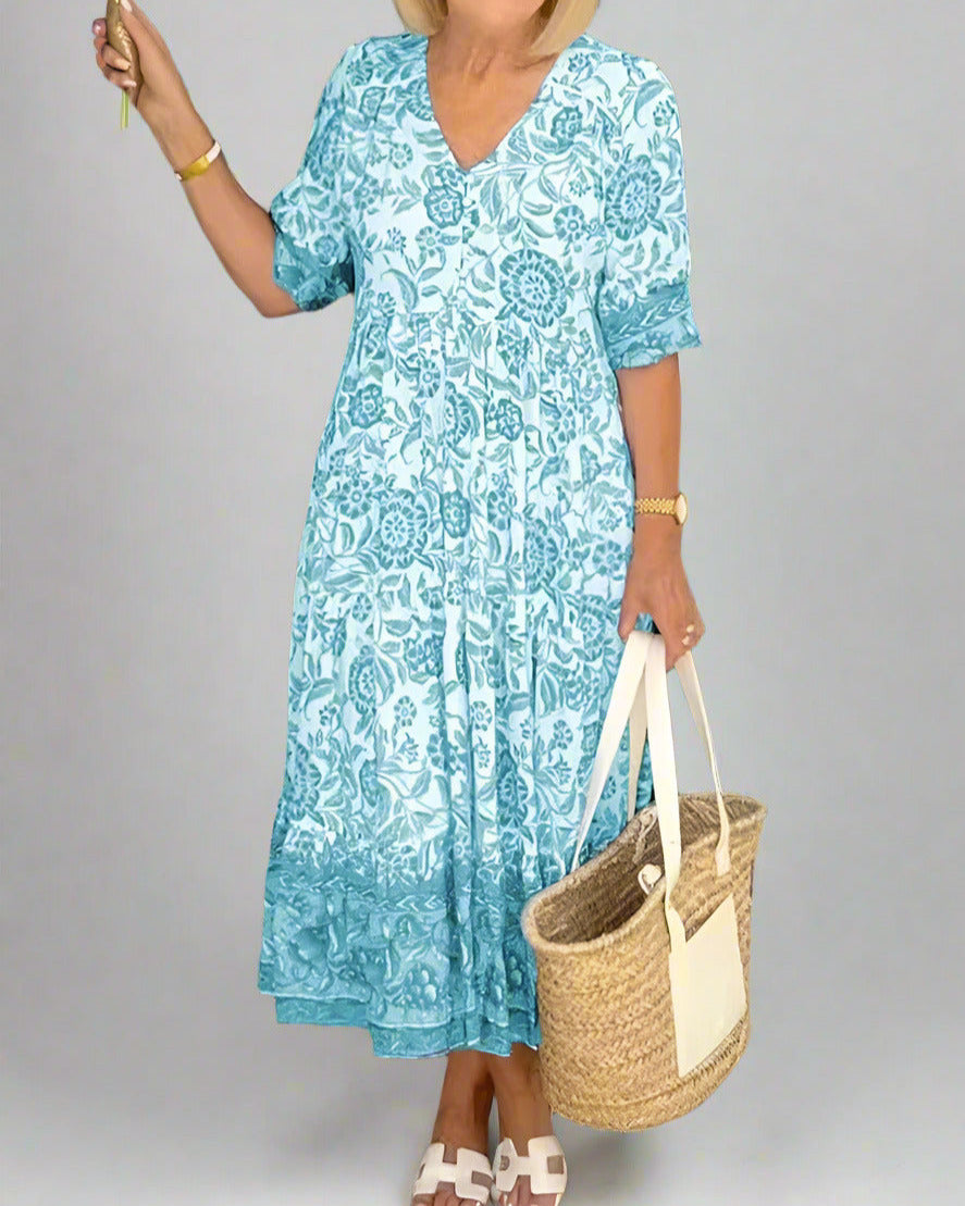 Úrsula Elegant Floral Dress with V-neck for Women Vacation Beach Look