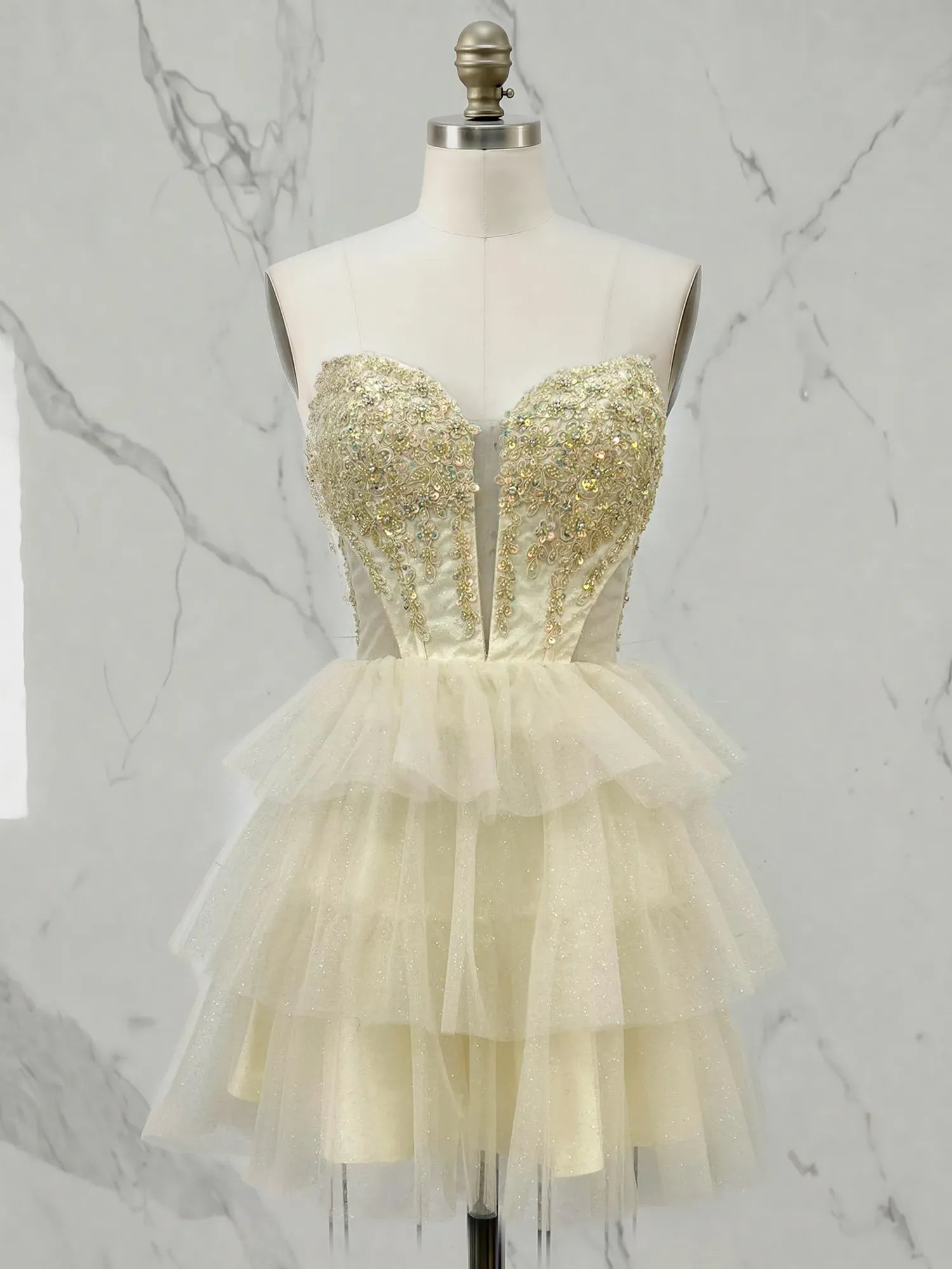 Strapless Sweetheart Beaded Tiered Ruffle Mini Homecoming Dresses