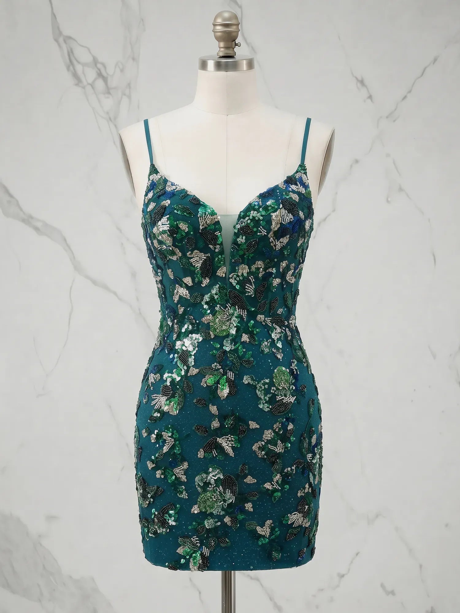 V-Neck Floral Beaded Lace-Up Mini Bodycon Homecoming Dresses