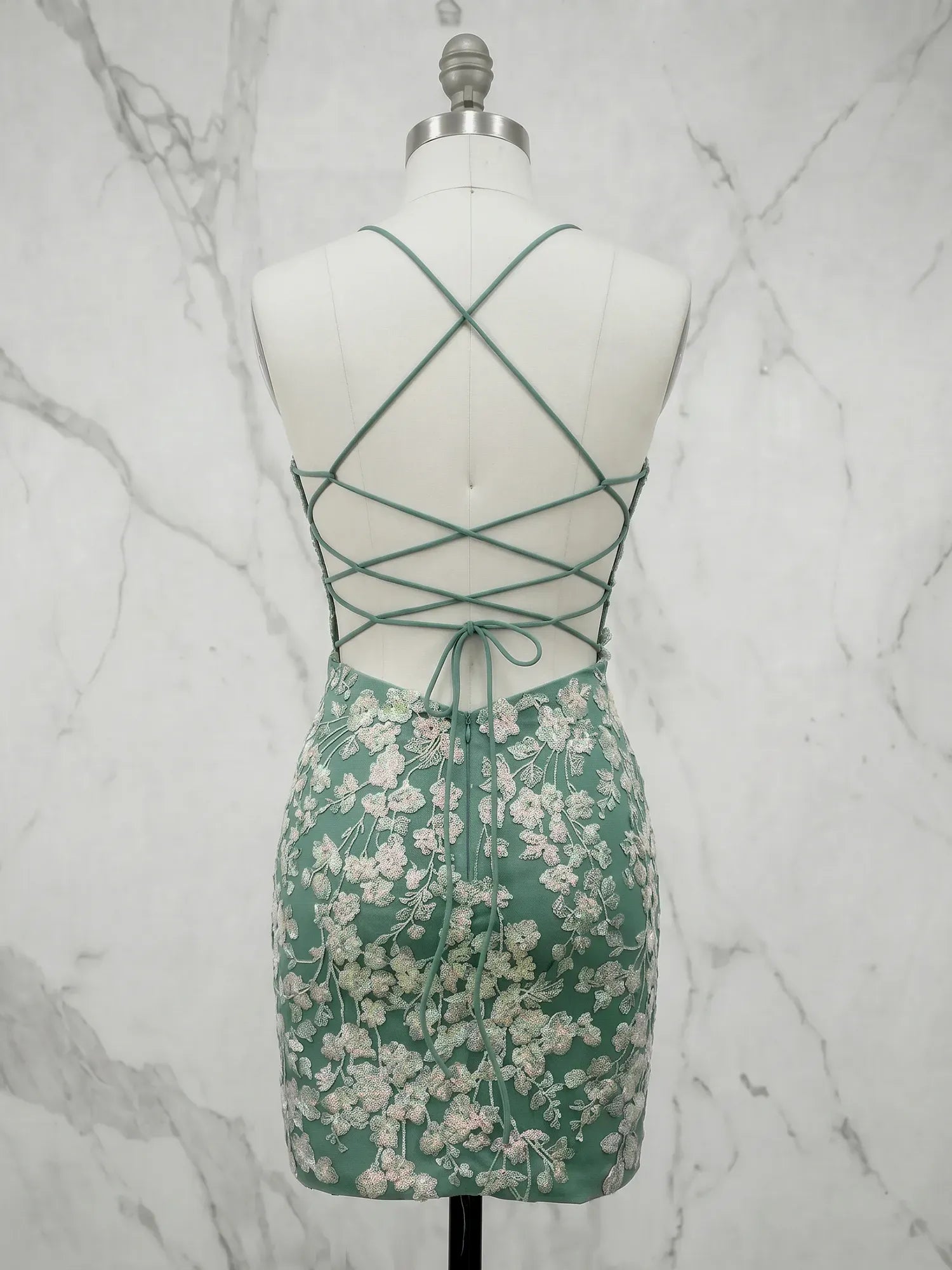V-Neck Floral Embroidery Lace-Up Back Short Bodycon Homecoming Dresses