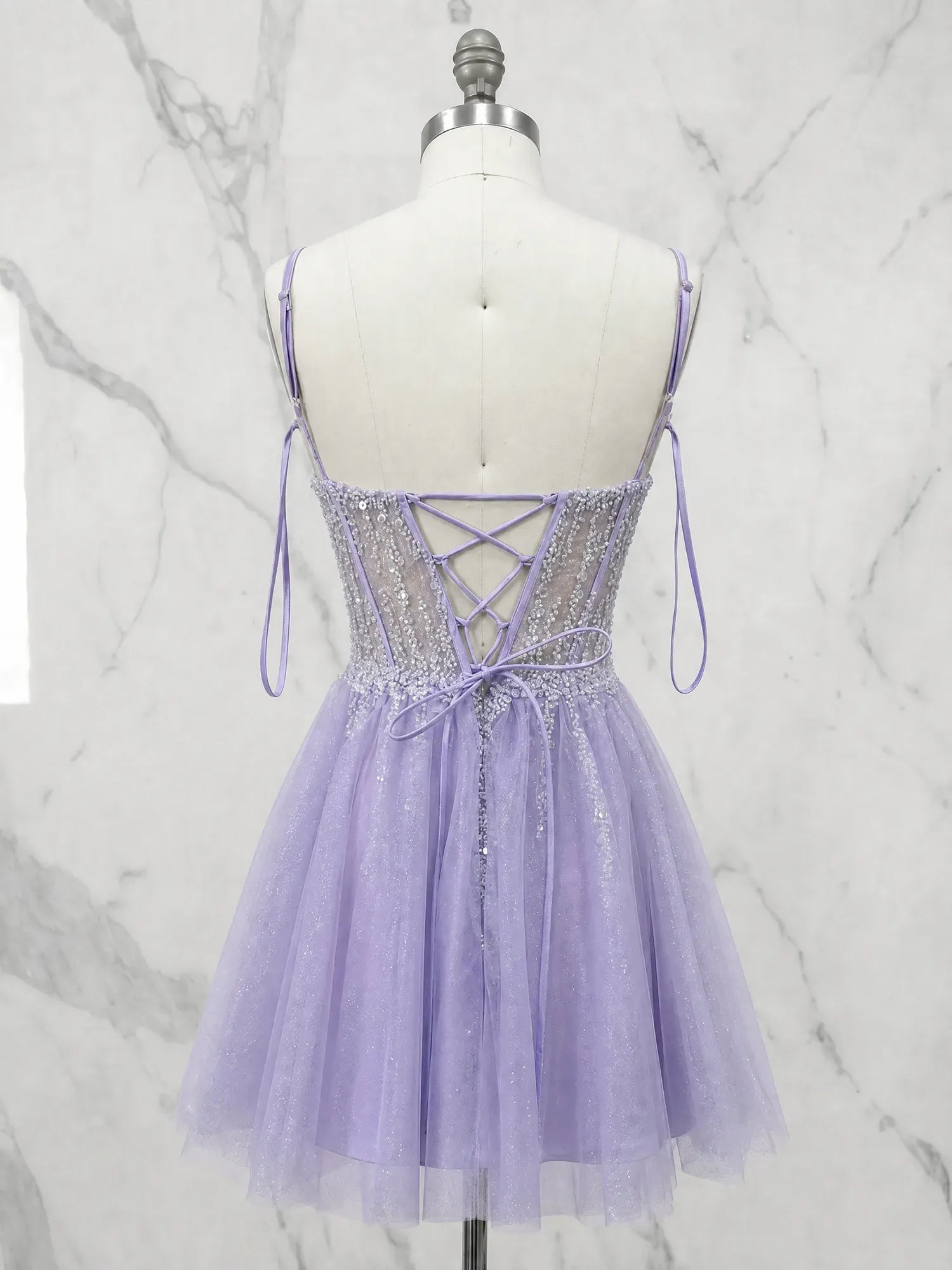 V-Neck Crystal Beaded Corset Tulle Mini Homecoming Dresses
