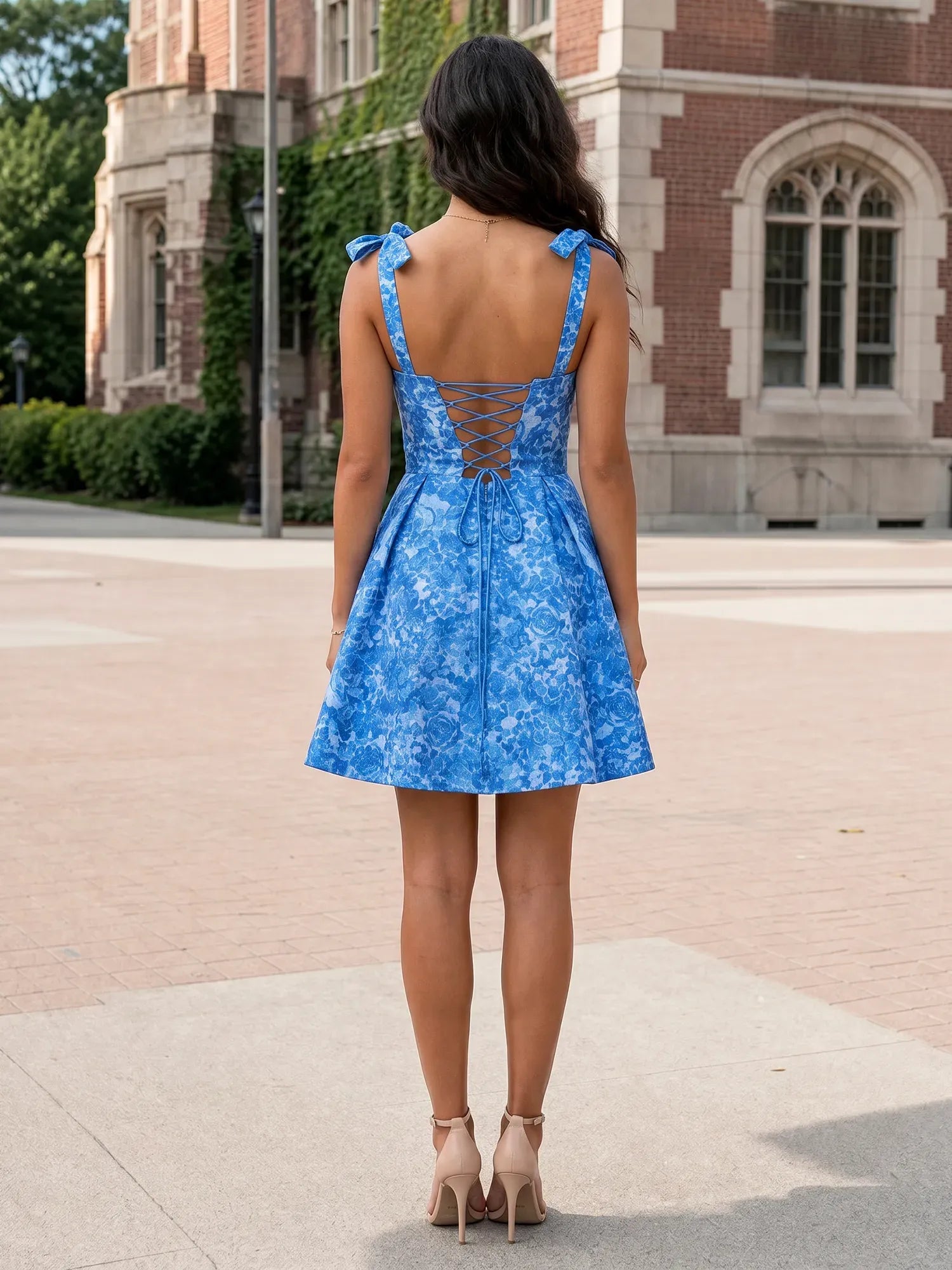 Sweetheart Tie-Strap Floral Brocade Mini Dress Homecoming Dresses