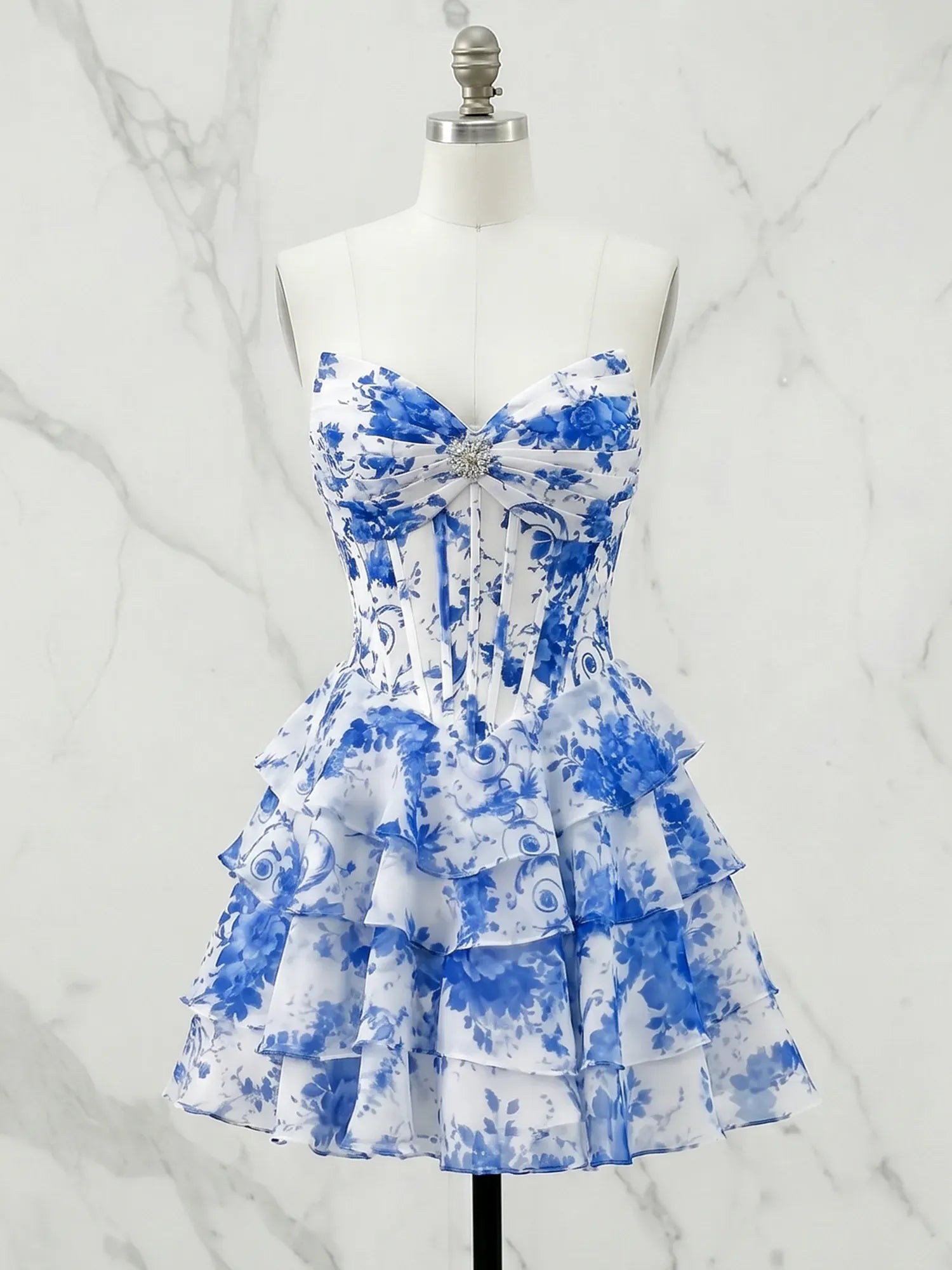 Sweetheart Tiered Ruffle Floral Homecoming Dresses with Corset Bodice Mini Dresses