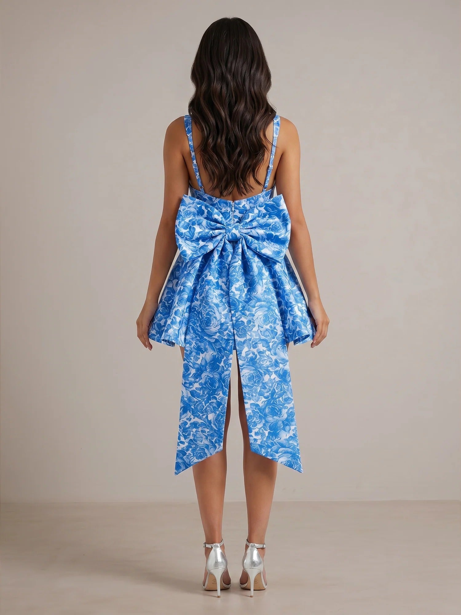 Mediterranean Blue Toile Square Neck Homecoming Mini Dress with Trailing Bow