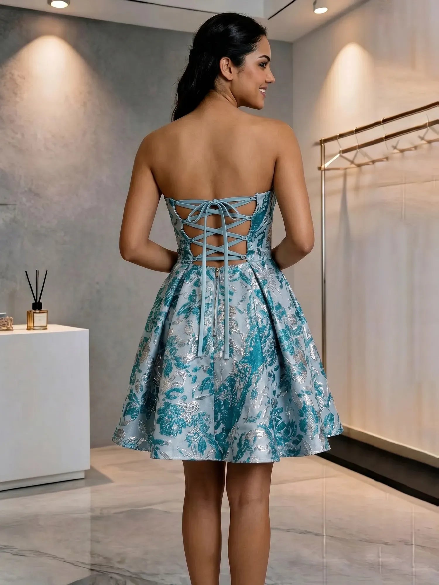 Strapless Sweetheart Floral Brocade Mini Dress with Pockets Homecoming Dresses