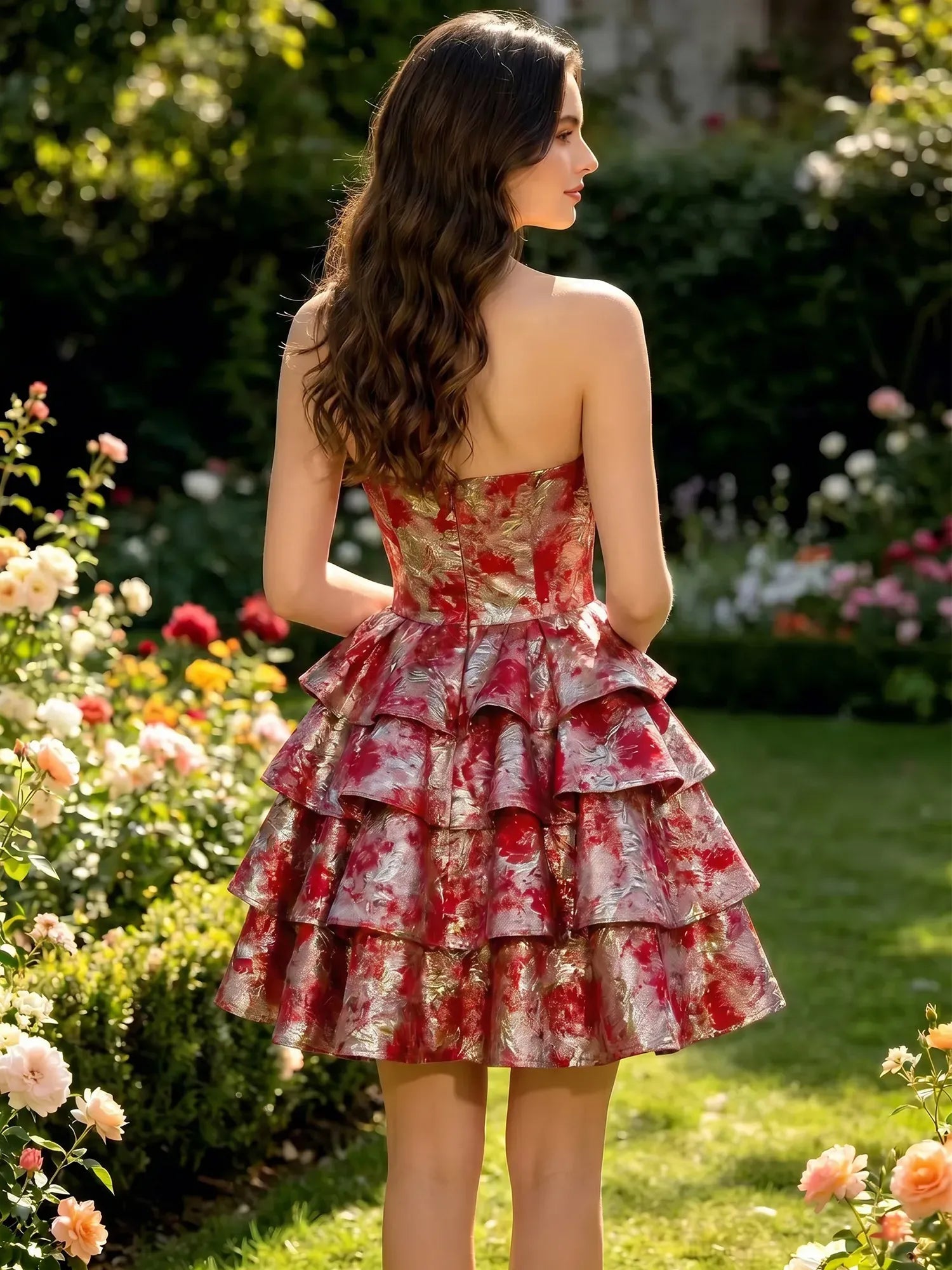 Strapless 3D Rose Brocade Tiered Mini Dress with Metallic Accents Homecoming Dresses
