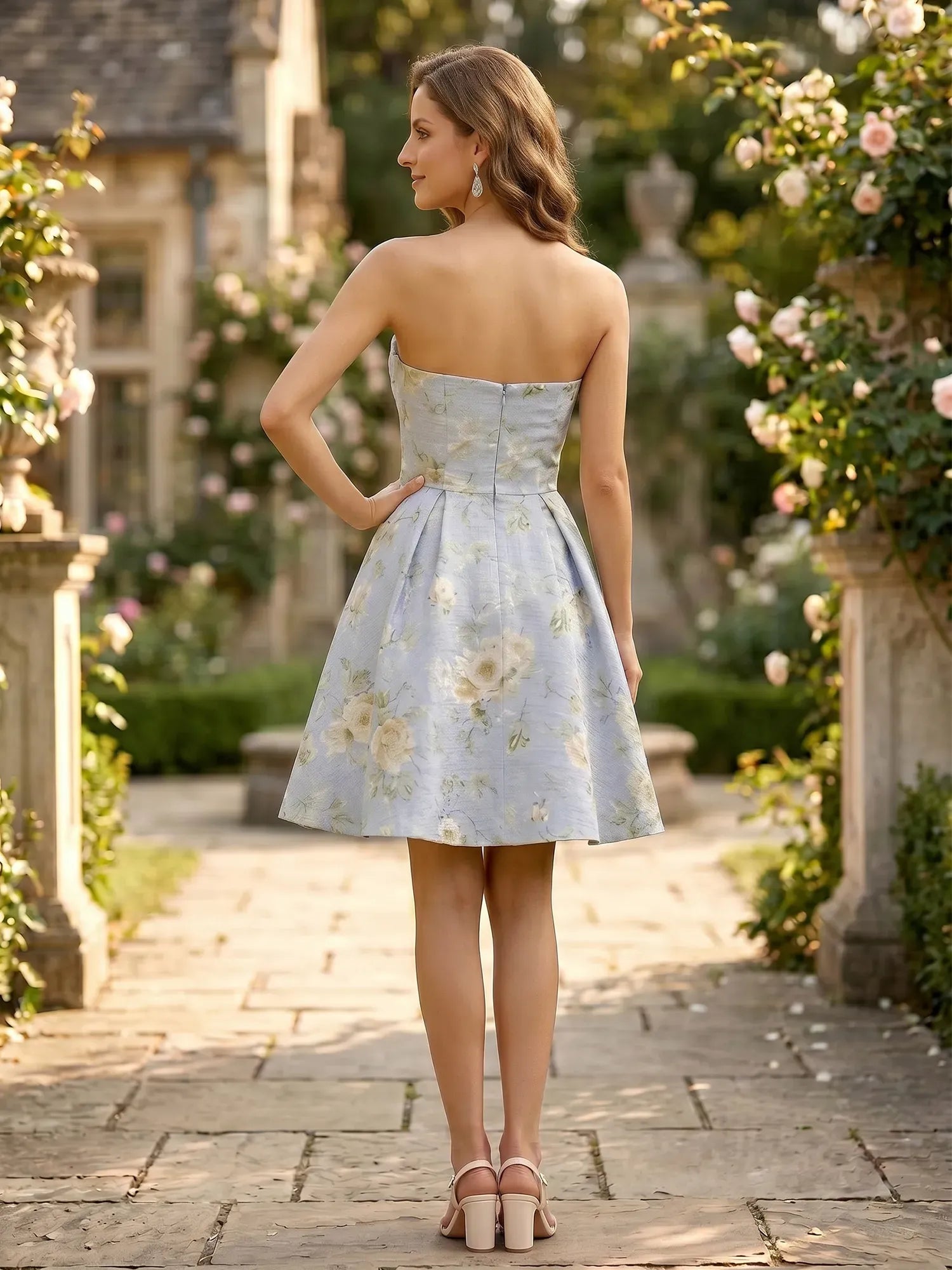 Strapless Sweetheart Floral Brocade Mini Dress with Pleated Skirt Homecoming Dresses
