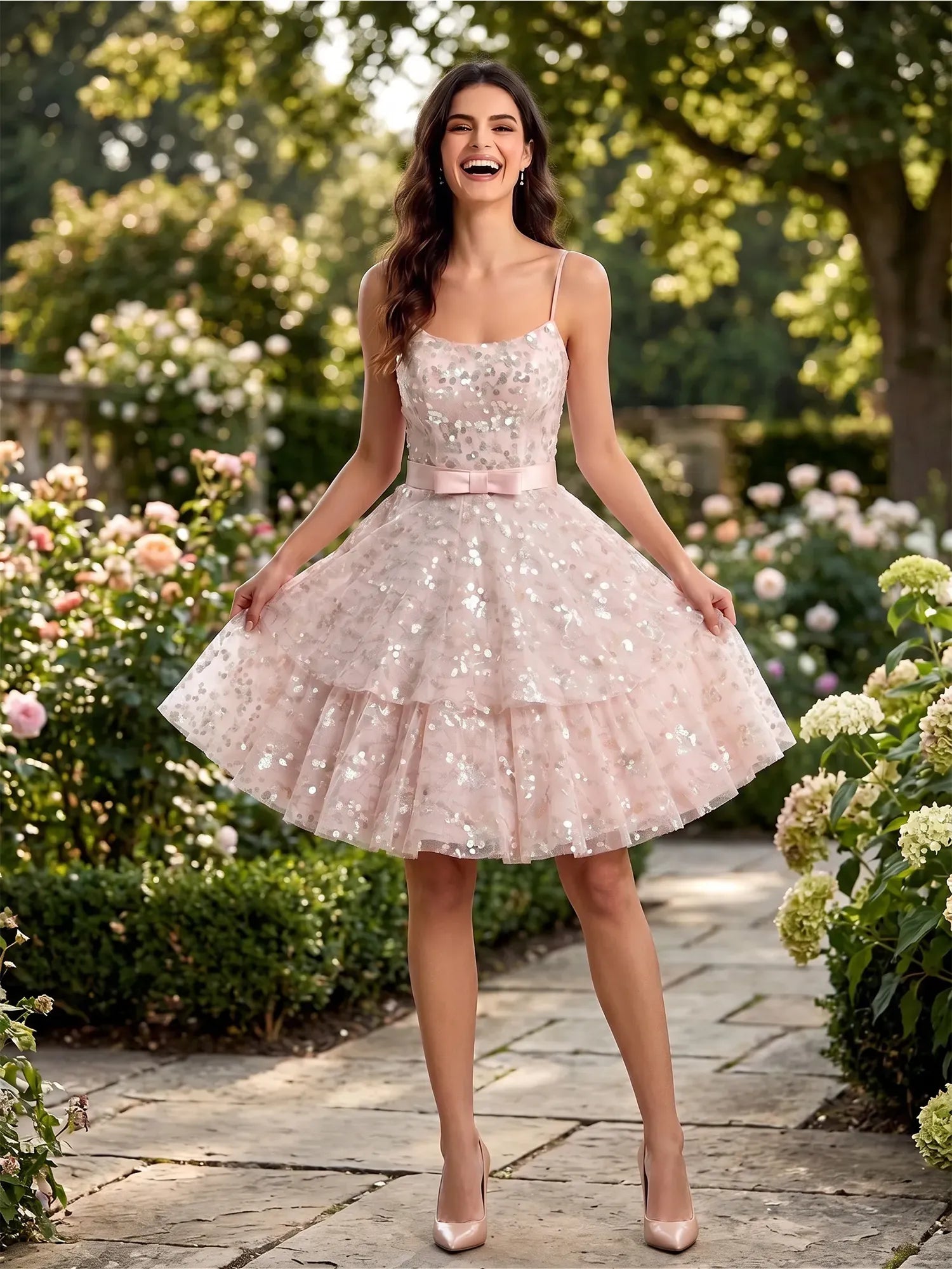 Strapless Sequined Layered Tulle Mini Dress with Waist Bow Homecoming Dresses