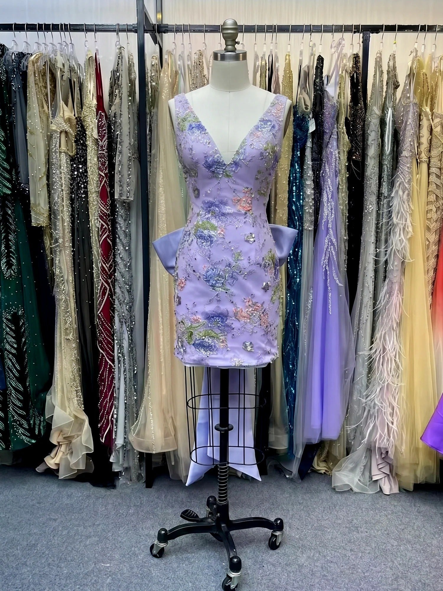 Floral Embroidered Deep V-Neck Homecoming Dress with Oversized Bow Train