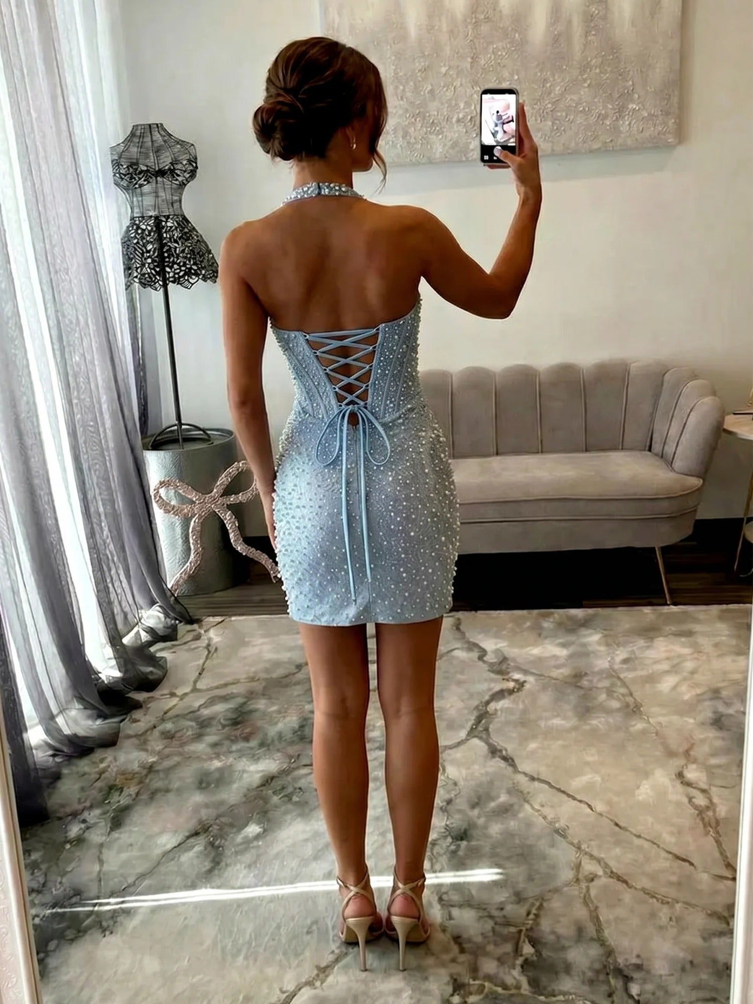 Glamorous Champagne Pearl Beaded Corset Short Homecoming Dress