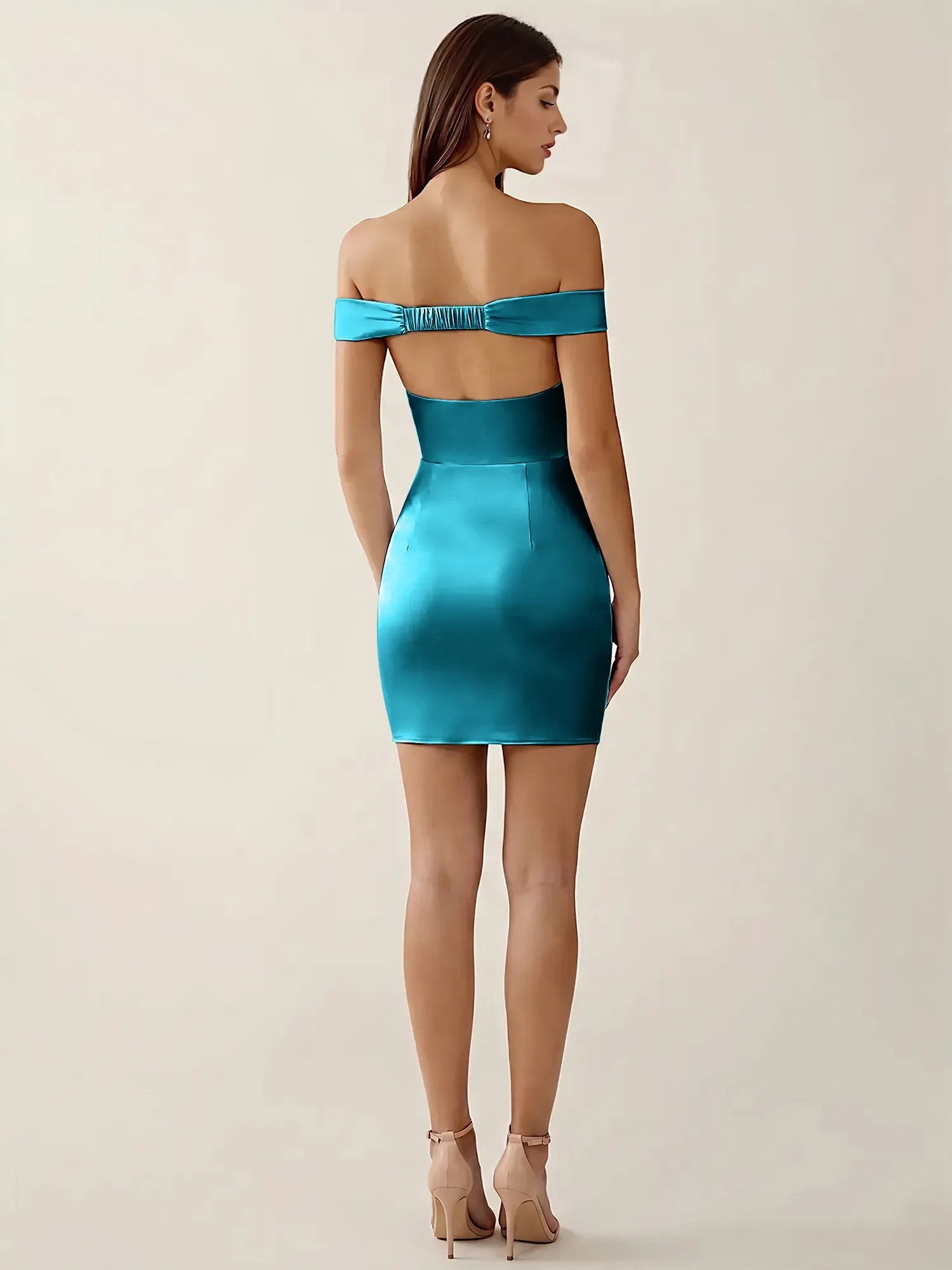 Off-The-Shoulder Ruched Satin Mini Homecoming Dress