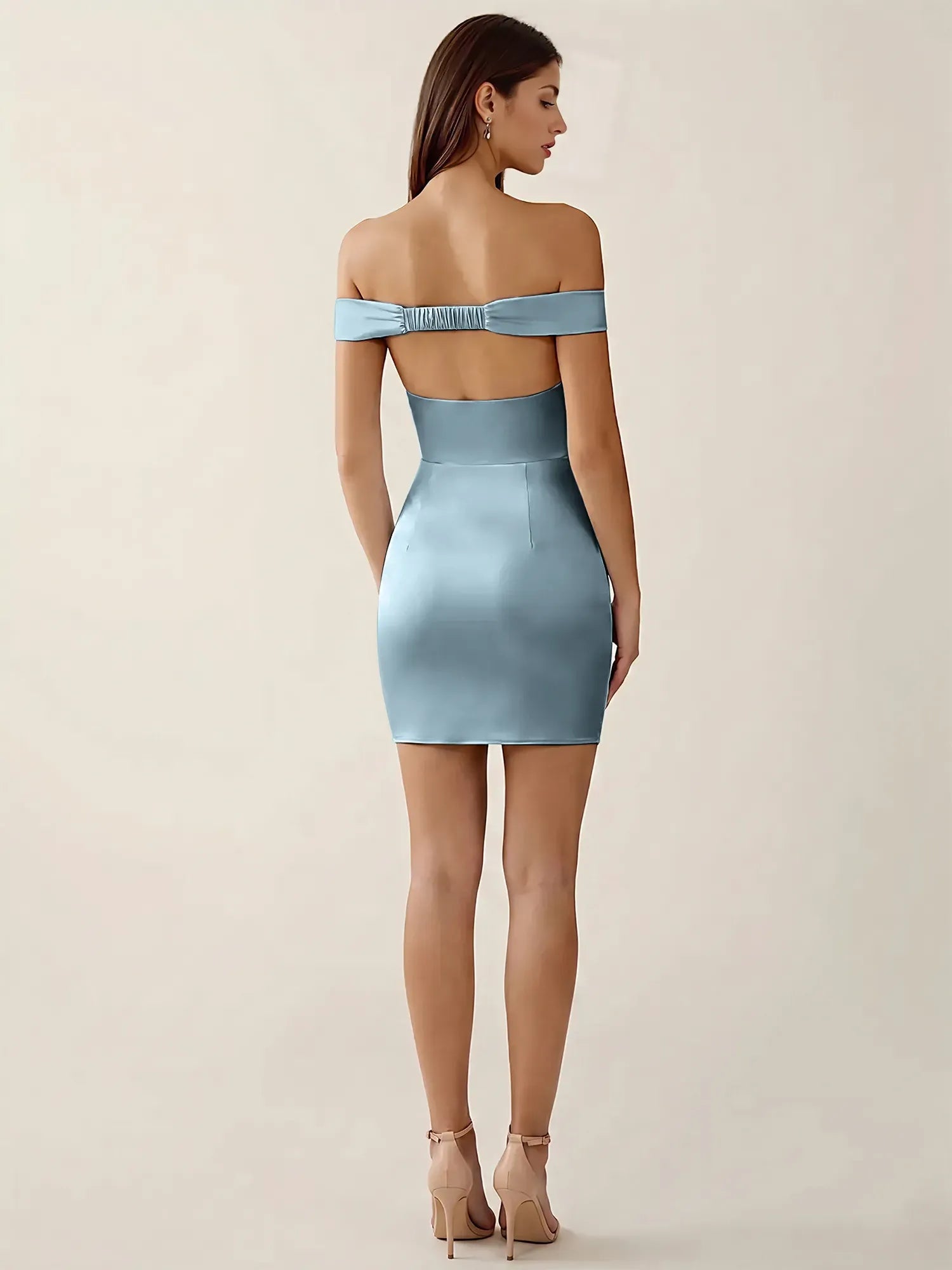 Off-The-Shoulder Ruched Satin Mini Homecoming Dress