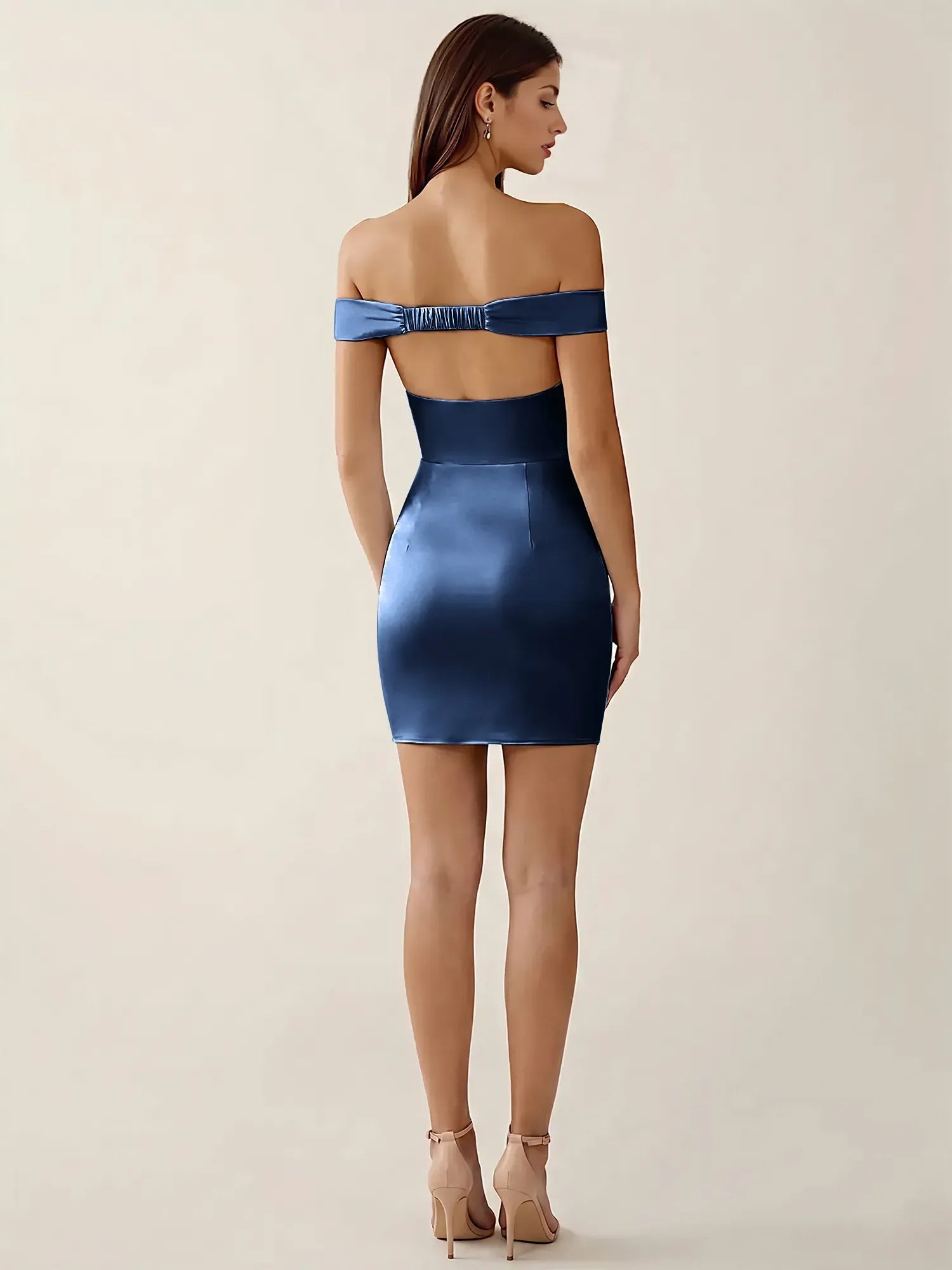 Off-The-Shoulder Ruched Satin Mini Homecoming Dress