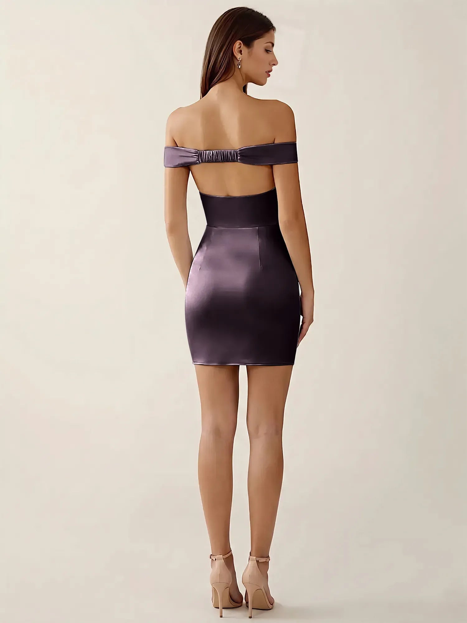 Off-The-Shoulder Ruched Satin Mini Homecoming Dress
