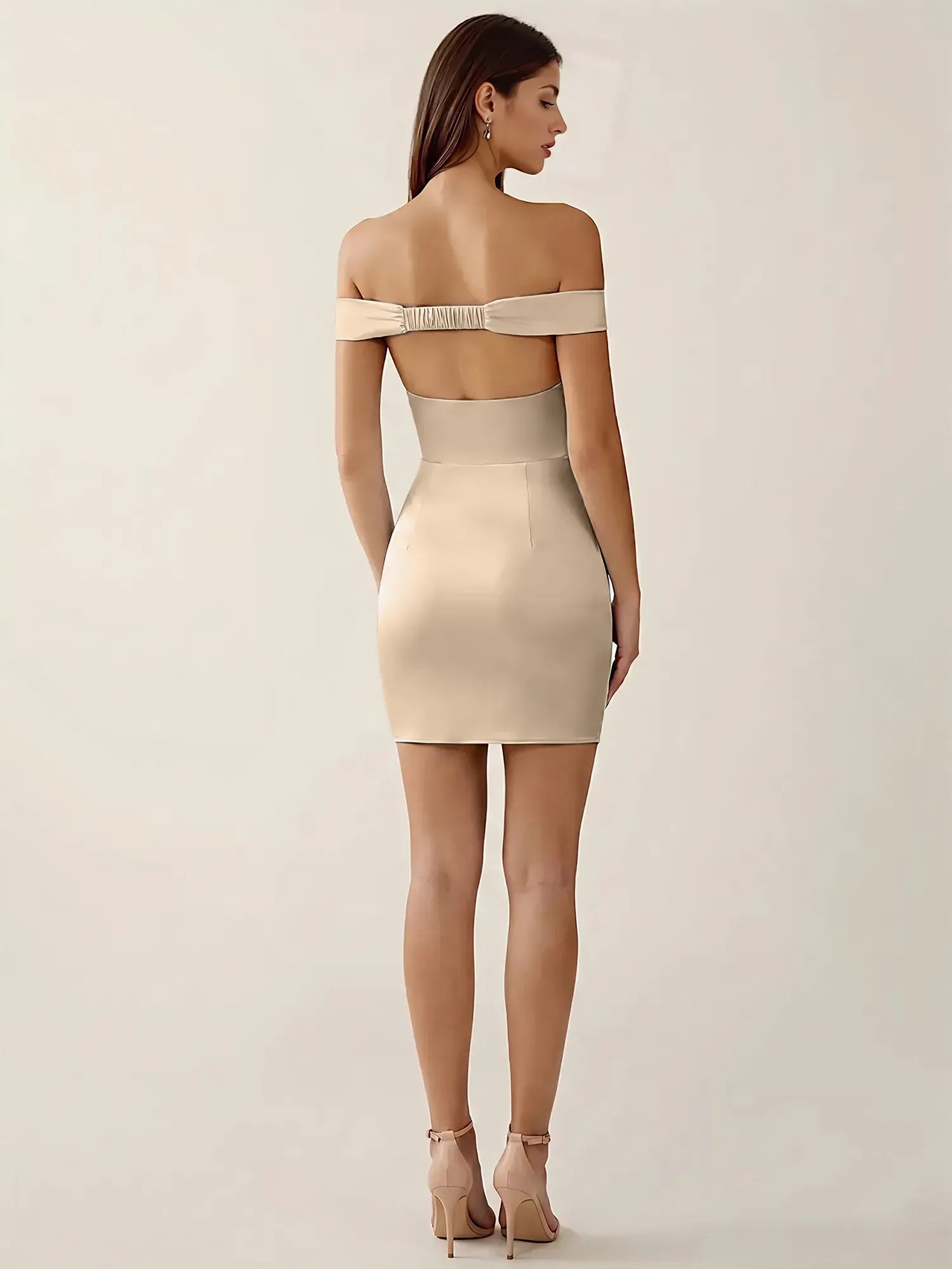 Off-The-Shoulder Ruched Satin Mini Homecoming Dress