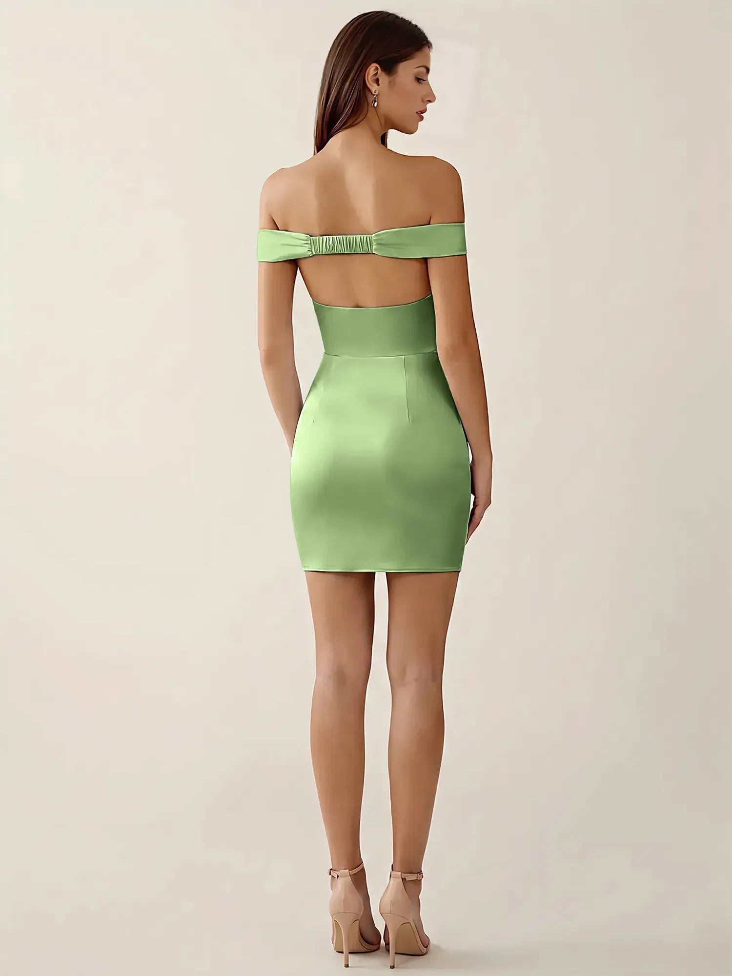 Off-The-Shoulder Ruched Satin Mini Homecoming Dress