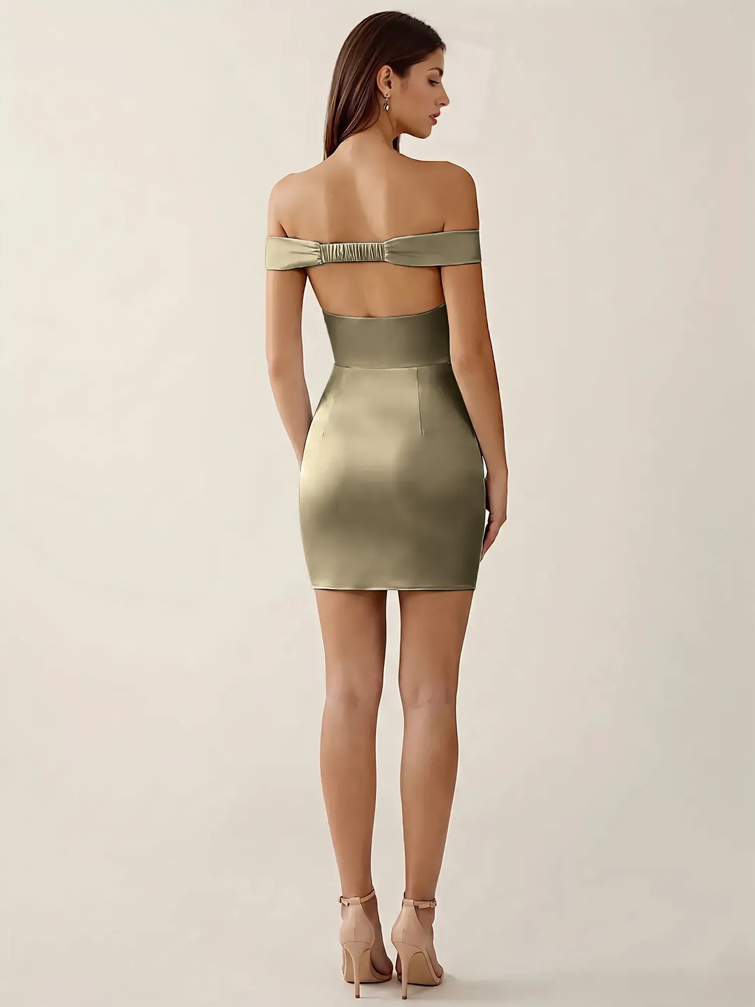 Off-The-Shoulder Ruched Satin Mini Homecoming Dress