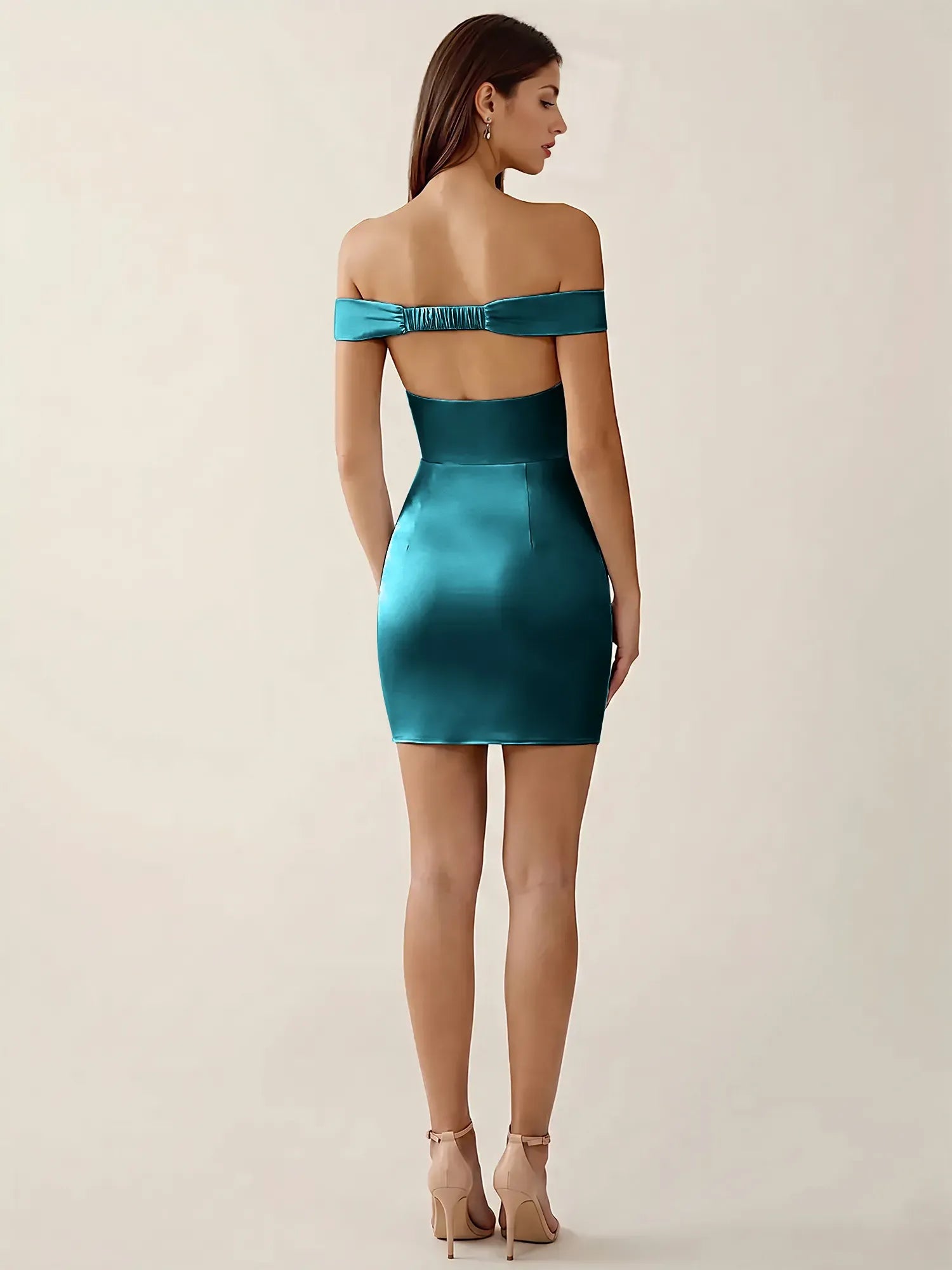 Off-The-Shoulder Ruched Satin Mini Homecoming Dress