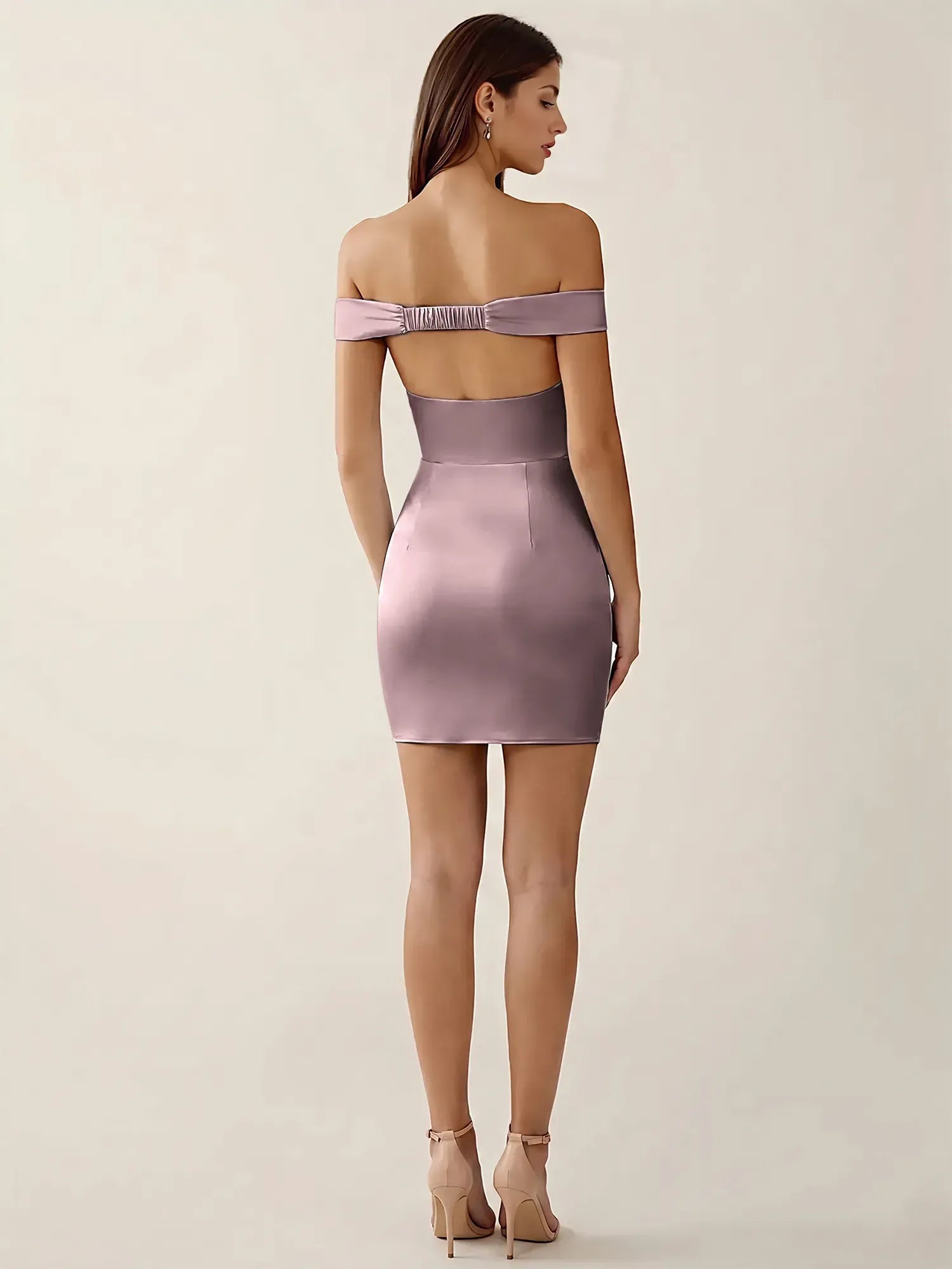 Off-The-Shoulder Ruched Satin Mini Homecoming Dress