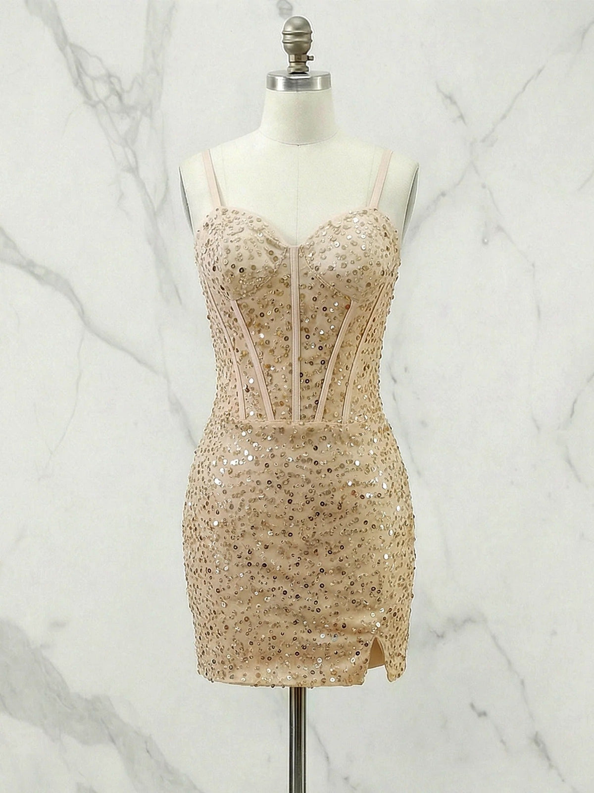 Glitter Bodycon Spaghetti Straps Sweetheart Short Homecoming Dress with Slit - FashionDia
