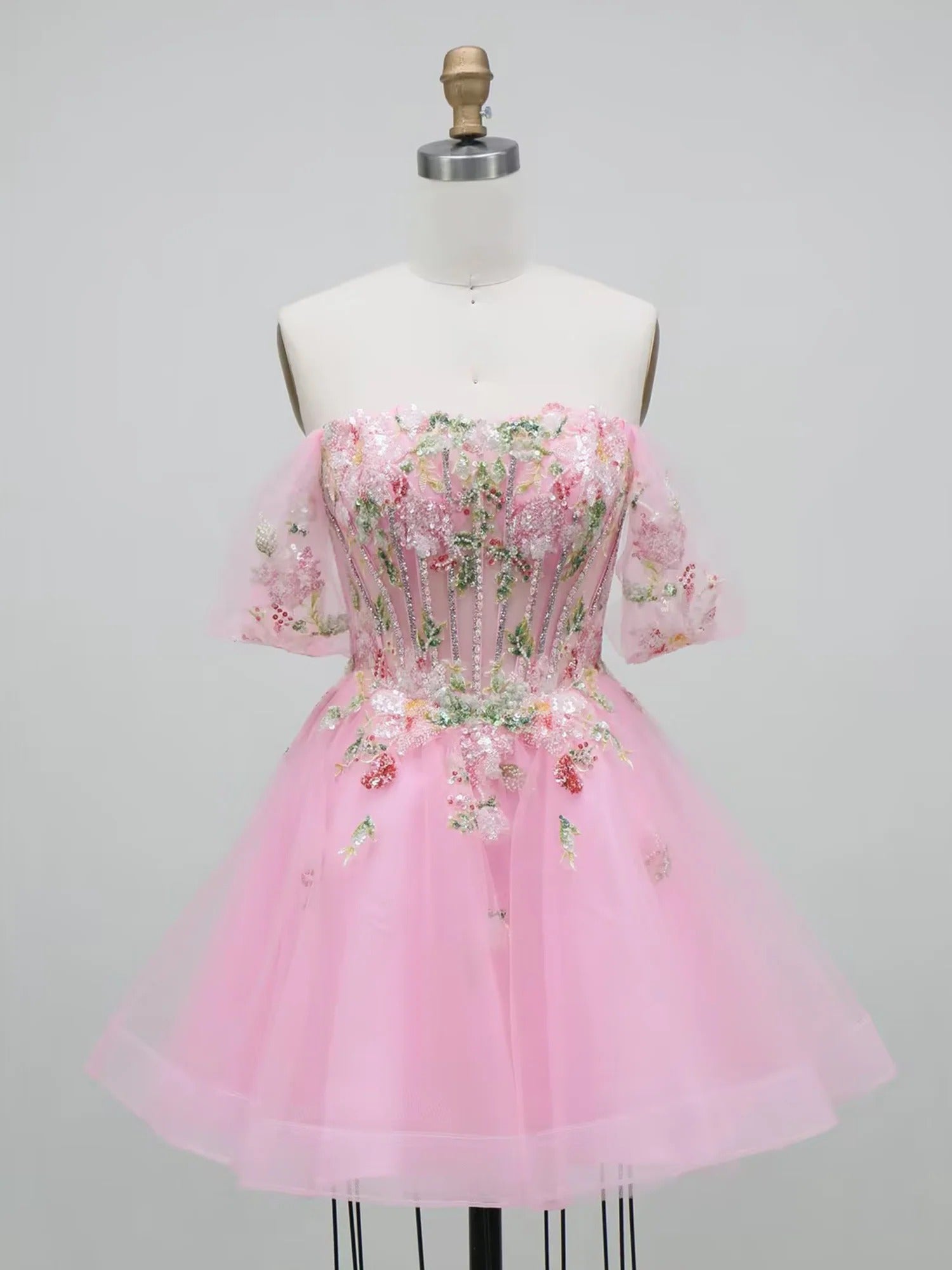 Floral Corset Puffy Sleeve Short Homecoming Dress