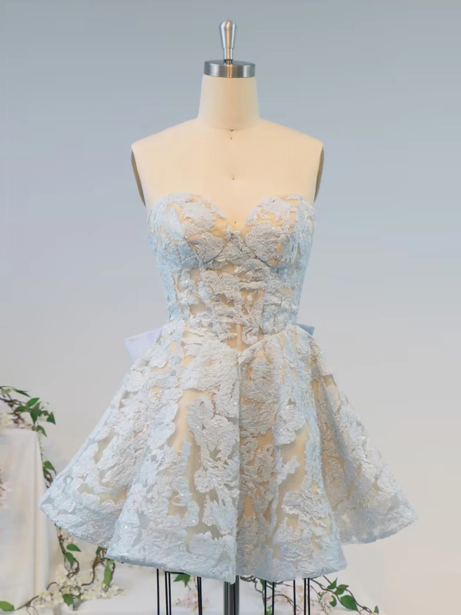 Blue Floral Lace Corset Short Homecoming Dress